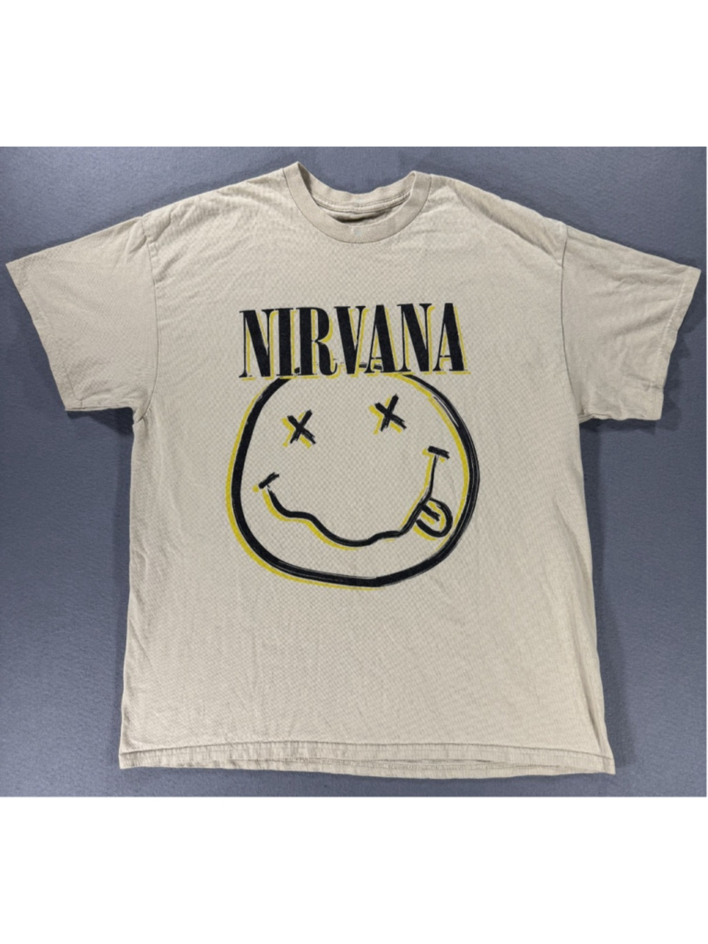 Nirvana Graphic T-Shirt Mens XL Tan Beige Yellow Smiley Face Band Tee Merch